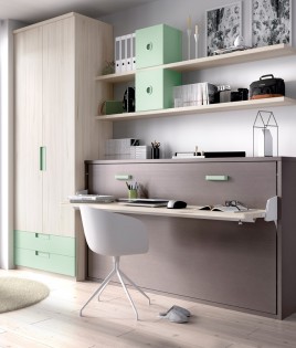 Dormitorio con cama abatible con escritorio, armario de 2 puertas y estanterías Ref YH405