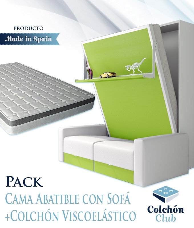 Pack Cama Abatible Vertical con estante, Sofá y Colchón Viscoelastico Ref N29000