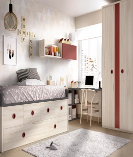 Dormitorio Juvenil con 2 camas, armario, escritorio y módulos estantes Ref YH107