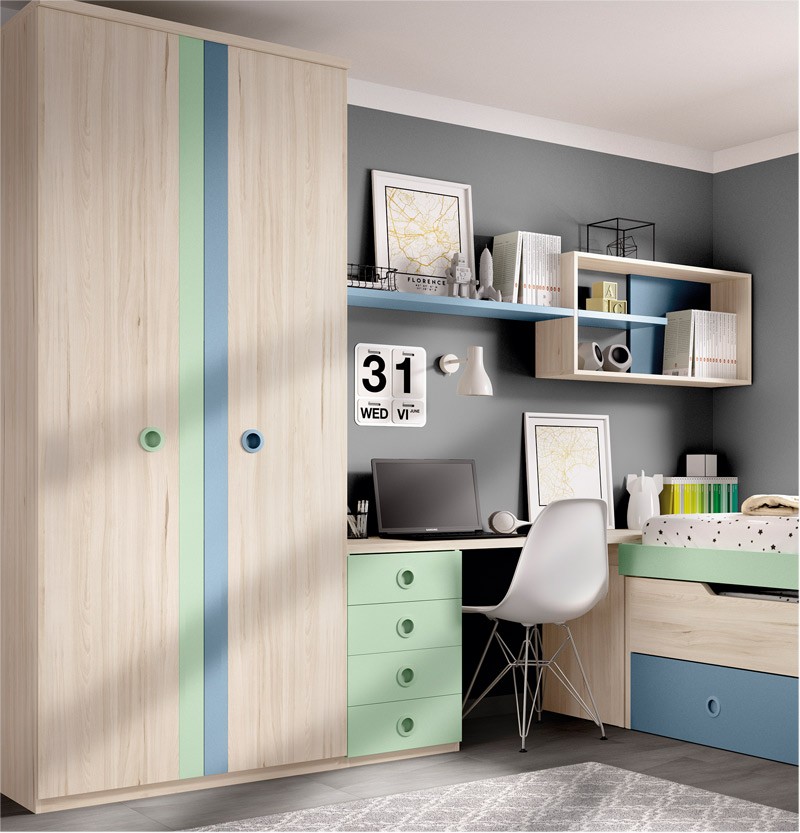 Dormitorio Juvenil con 2 camas, armario, escritorio y módulos estantes Ref  YH107