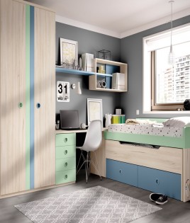 Dormitorio Juvenil con 2 camas, armario, escritorio y módulos estantes Ref YH116