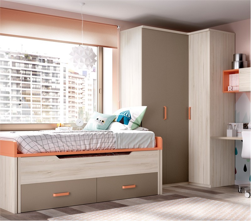 Dormitorio Juvenil con 2 camas, puente, armario rincón y escritorio Ref  YH128