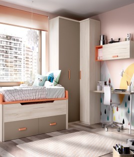 Dormitorio Juvenil con 2 camas, armario rincón, escritorio y módulos estantes Ref YH125