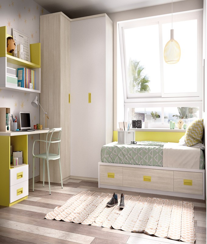Dormitorio Juvenil con cama, armario rincón, escritorio y módulo estante Ref YH203