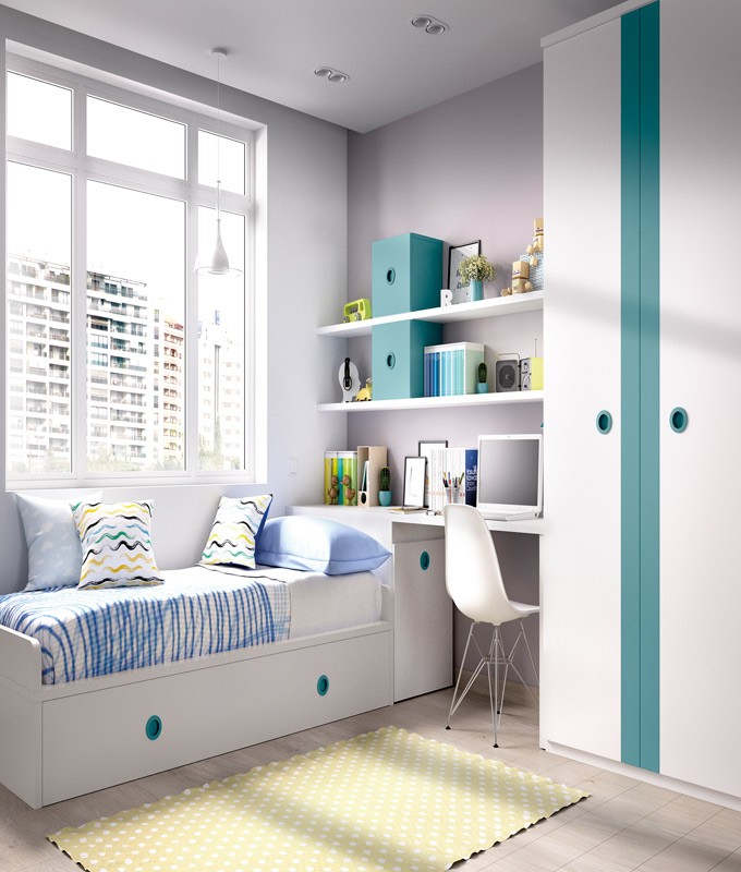 ➡ Dormitorio juvenil con doble cama Nido + Estanteria + Armario + Escritorio