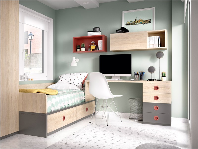 Dormitorio Juvenil cama con contenedores, armario, escritorio y módulos  estantes Ref YH508