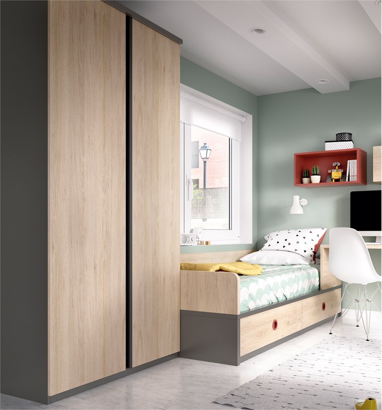 Dormitorio Juvenil cama con contenedores, armario, escritorio y módulos  estantes Ref YH508