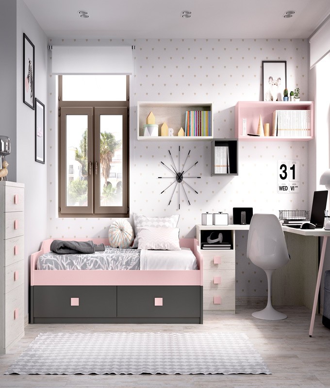 Dormitorio Juvenil con cama, xifonier, escritorio rincón y módulos estantes Ref YH212
