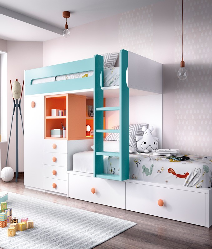 Dormitorio Juvenil con litera y armario integrado Ref YH312