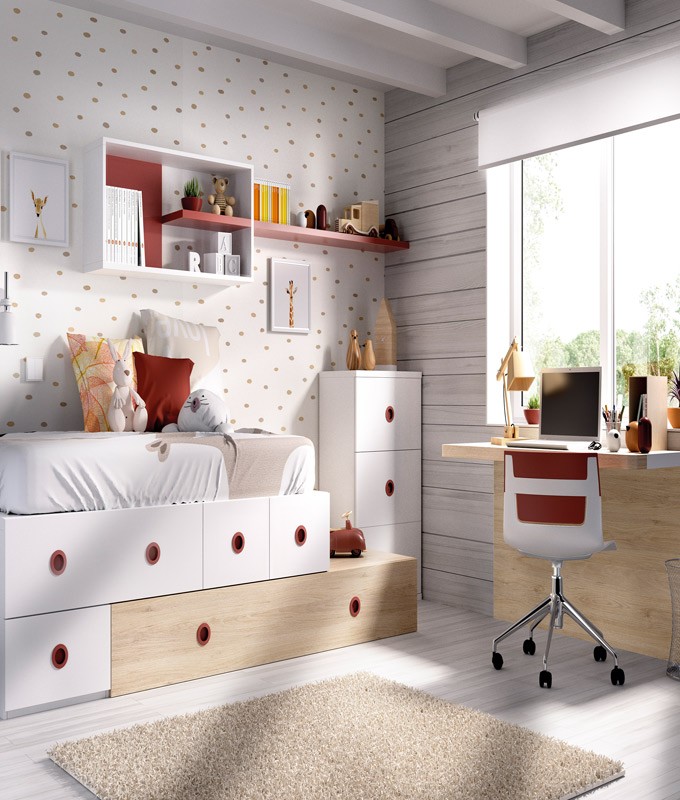 Dormitorio Juvenil cama con arrastre nido, xifonier, escritorio y módulos estantes Ref YH503