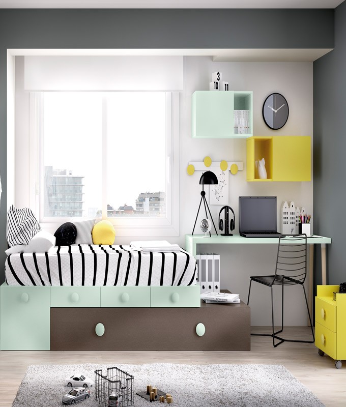 Dormitorio Juvenil cama con arrastre nido, escritorio y módulos estantes Ref YH505