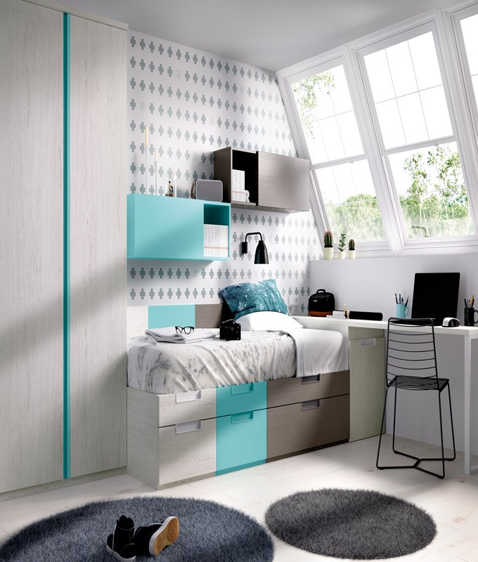 Dormitorio Juvenil cama con contenedores, armario, arcón y escritorio Ref YH509
