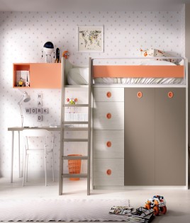 Dormitorio Juvenil con cama, armario integrado y escritorio Ref YH314