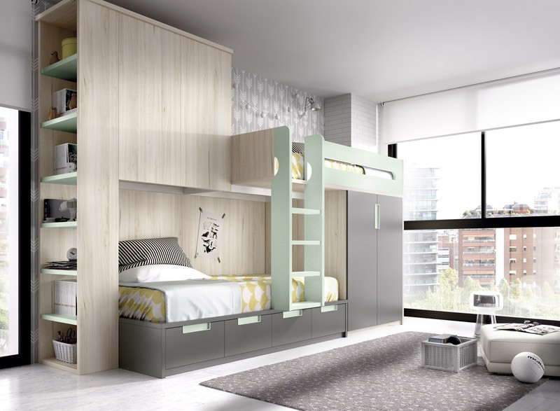 Dormitorio Juvenil con armario rincón y puente superior Ref YH112
