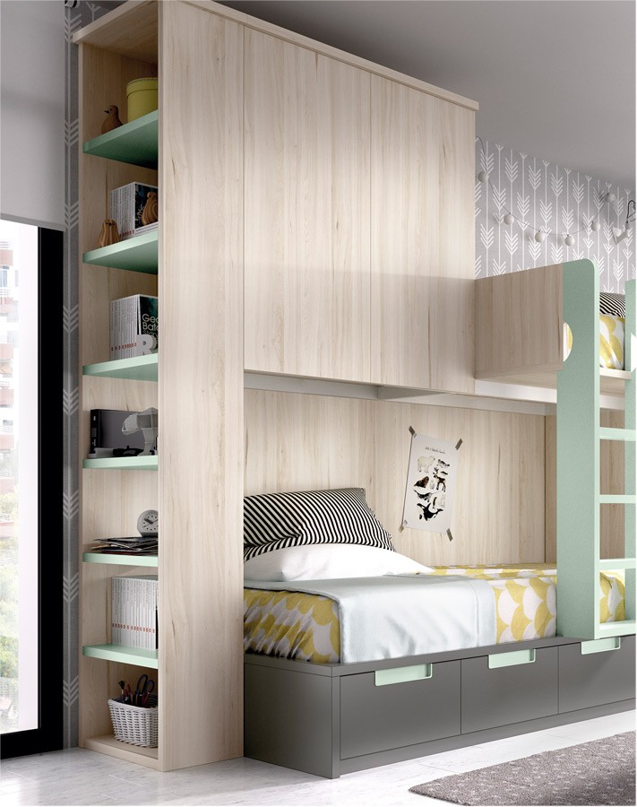 Dormitorio Juvenil con litera tren, armario integrado y puente Ref YH315