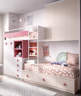 Dormitorio Juvenil con litera tren, armario integrado y puente Ref YH316