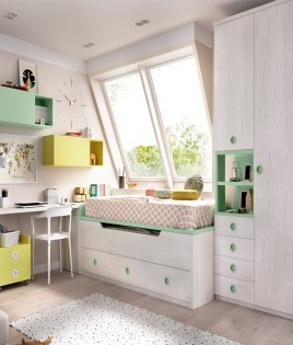 Dormitorio Juvenil con 2 camas, armario, escritorio y módulos estantes Ref YH103