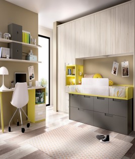 Dormitorio puente Juvenil con cama, armario y escritorio Ref YH105