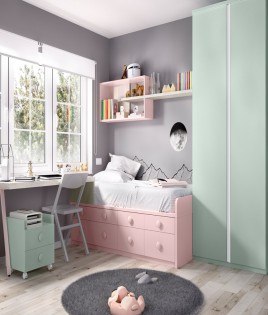 Dormitorio Juvenil con cama, armario y escritorio Ref YH106