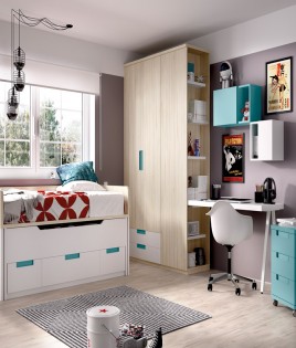 Dormitorio Juvenil con 2 camas, armario y escritorio Ref YH109
