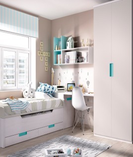 Dormitorio Juvenil con 2 camas, armario, arcón y escritorio Ref YH113