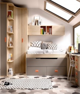 Dormitorio Juvenil con 2 camas, armario rincón con zapatero, escritorio y módulos estantes Ref YH126