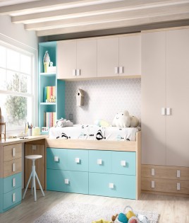 Dormitorio puente Juvenil con cama, armario y escritorio Ref YH127