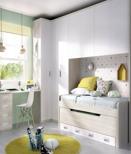 Dormitorio Juvenil con 2 camas, puente, armario rincón y escritorio Ref YH128