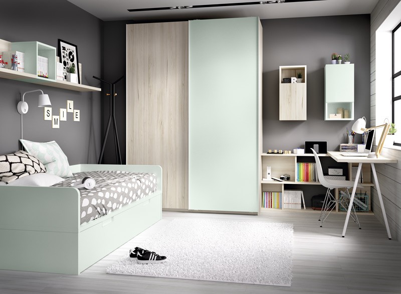 Dormitorio Juvenil con 2 camas, armario, escritorio y estantes Ref YH210