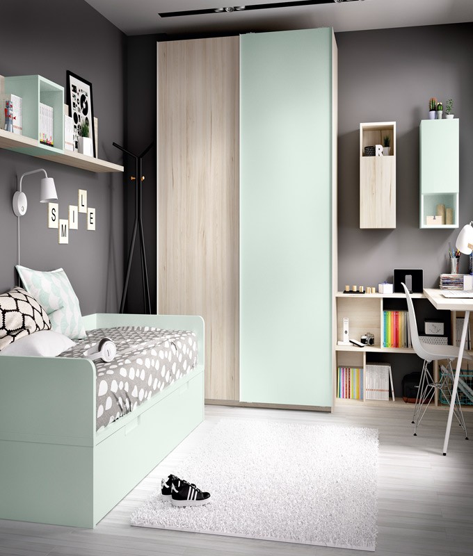 Dormitorio Juvenil con 2 camas, armario, escritorio y estantes Ref YH210