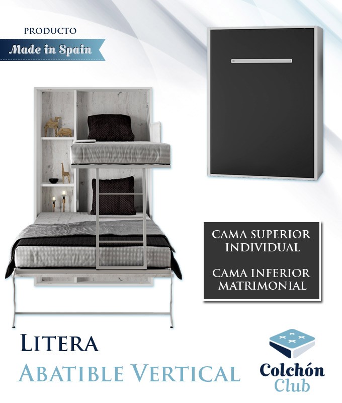 Litera con cama baja de matrimonio y escritorio abatible.