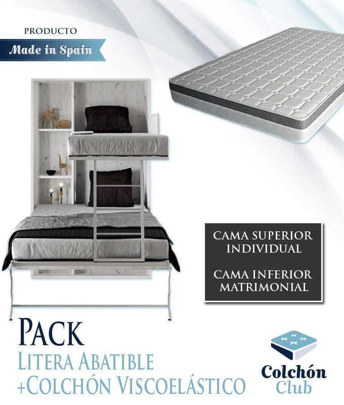 Pack Litera Abatible Vertical con cama matrimonial y Colchones Viscoelasticos Ref N27000