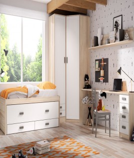 Dormitorio Juvenil fabricado en madera y acabado lacado compuesto por cama compacta, armario rincón y escritorio Ref JI04