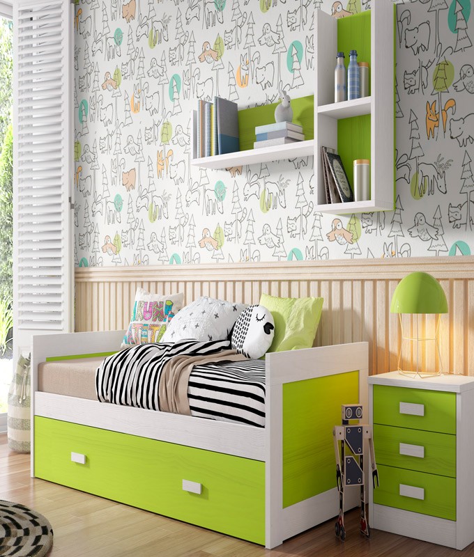 Dormitorio Juvenil fabricado en madera y acabado lacado compuesto por cama nido, mesita y estante Ref JI05