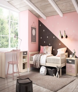Dormitorio Juvenil fabricado en madera y acabado lacado compuesto por cama, escritorio y mesita Ref JI18