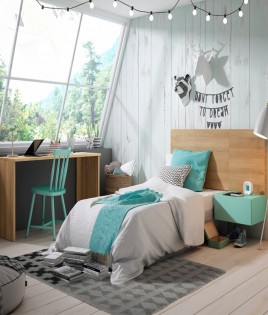 Dormitorio Juvenil fabricado en madera y acabado lacado compuesto por cabecero, mesita y escritorio Ref JI22