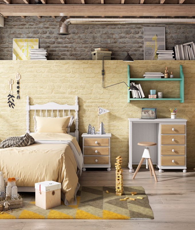 Dormitorio Juvenil fabricado en madera y acabado lacado compuesto por cabecero, mesita, escritorio y estante Ref JI33
