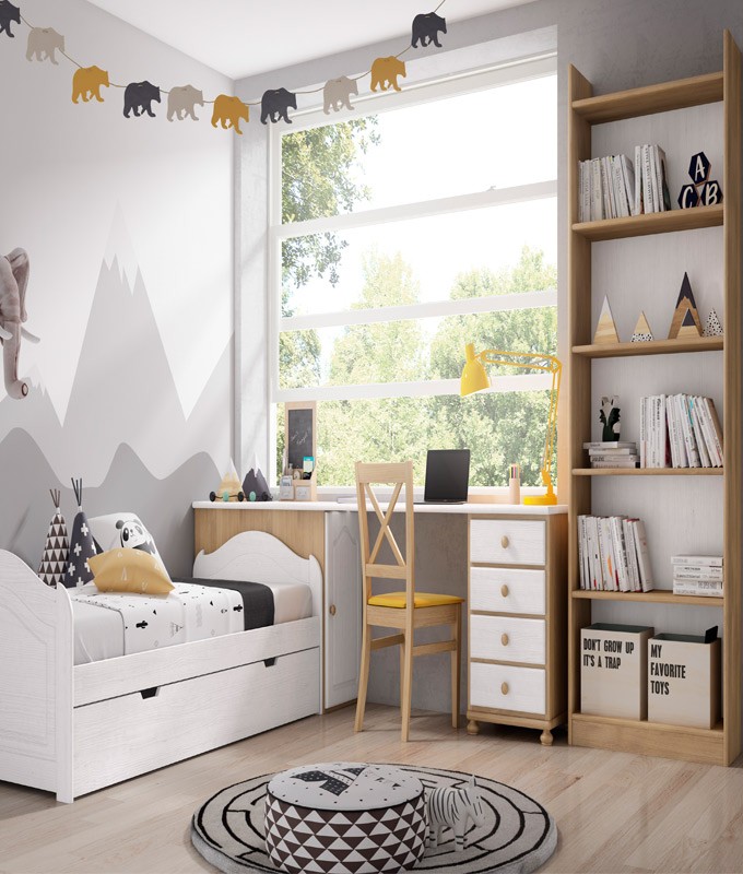 Habitación infantil con cama nido elevable y arcón-escritorio.