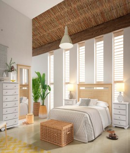 Dormitorio de matrimonio fabricado en madera y acabado lacado compuesto por cabecero, mesitas, xifonier y espejo Ref JI48
