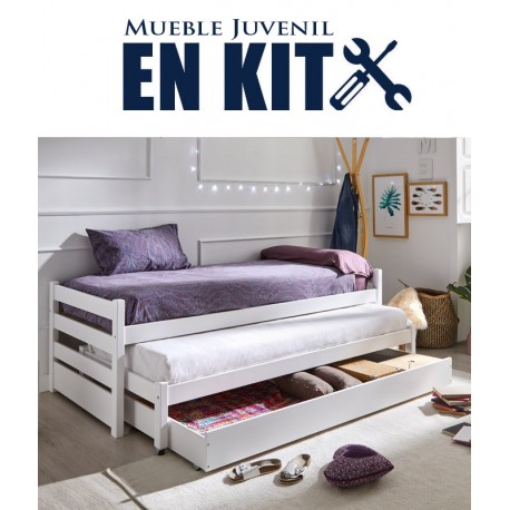 Cama compacta desplazable con arrastre fabricada en madera de pino