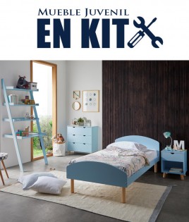 Dormitorio Juvenil fabricado en madera de pino con cama individual, mesita, cómoda y estantería Ref TA12