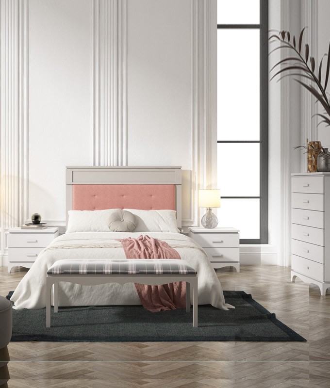 Dormitorio fabricado en madera y acabado lacado compuesto por cabecero tapizado, mesitas, xinfonier y banco Ref JI61