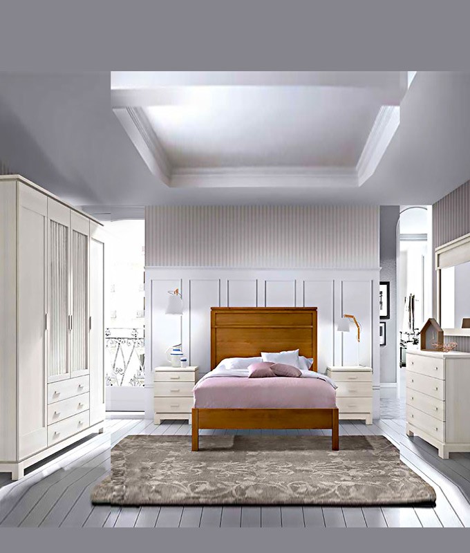 Dormitorio de matrimonio fabricado en madera y acabado lacado compuesto por cama, mesitas, armario y comodín con espejo Ref JI65