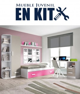 Dormitorio Juvenil con cama nido, armario y escritorio con cajonera Ref EB01