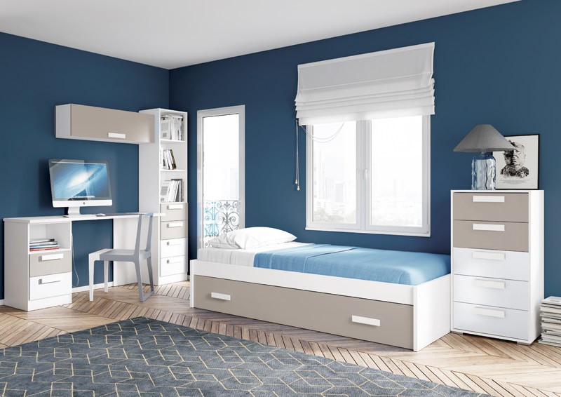 Dormitorio Juvenil con cama nido, estantería, xifonier y escritorio con cajonera Ref EB02