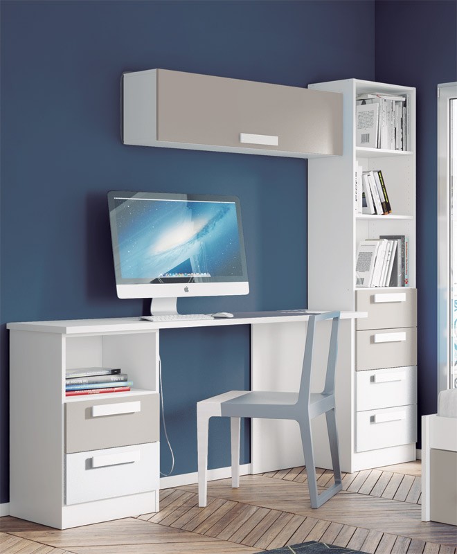 Dormitorio Juvenil con cama nido, estantería, xifonier y escritorio con