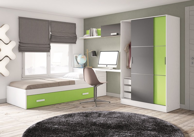 Dormitorio Juvenil con cama nido, armario puertas correderas, zapatero