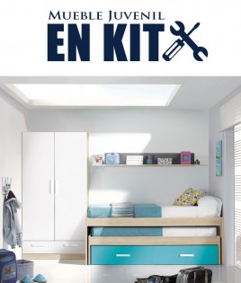 Dormitorio Juvenil con cama compacta, armario 2 puertas y estante Ref EB04