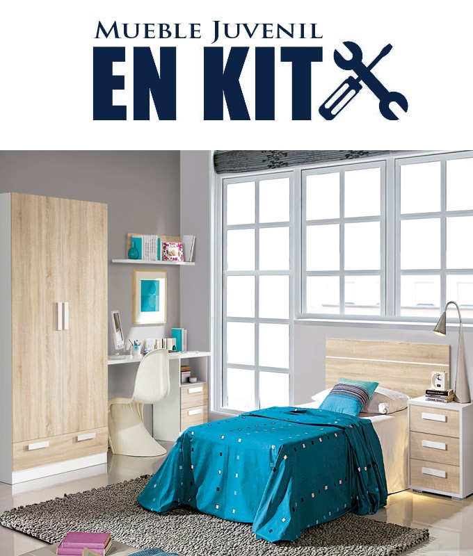 Dormitorio Juvenil con cabezal de 90 cm, mesita, armario 2 puertas y escritorio Ref EB09
