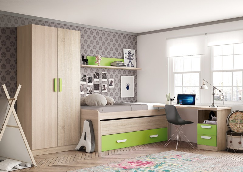 Dormitorio Juvenil con cama compacta, armario 2 puertas y escritorio